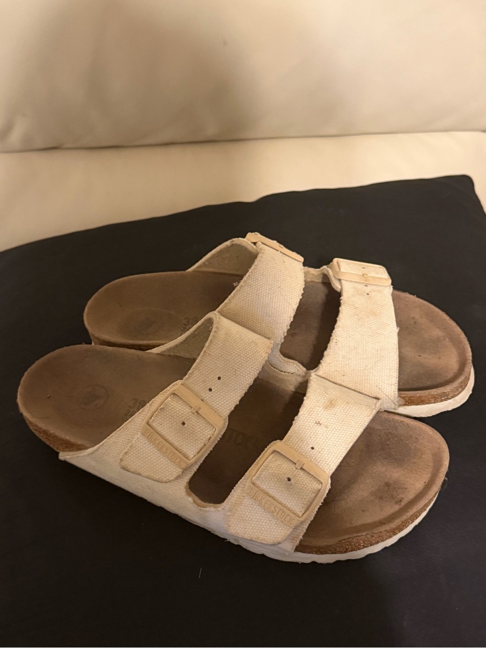 Birkenstock Two-Strap Canvas Slide Sandals in Beige